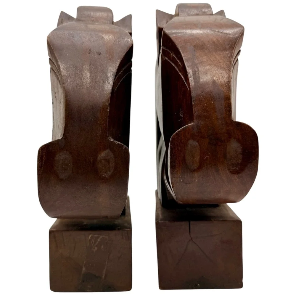 Vintage Hand Carved Wooden Horse Head Bookends Mid Century Modern Dark Wood Pair